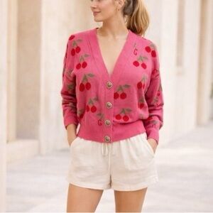 Pink Cherry Print Cardigan Sweater Lightweight Knit, Heart Buttons, Size Small